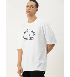 Erkek Kısa Kol Yazlık Tişört Bisiklet Yaka Baskılı Oversize T-Shirt - Beyaz