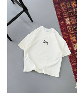 Erkek Kısa Kol Yazlık Tişört Bisiklet Yaka Baskılı Oversize T-Shirt - Beyaz