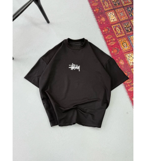 Erkek Kısa Kol Yazlık Tişört Bisiklet Yaka Baskılı Oversize T-Shirt - Siyah