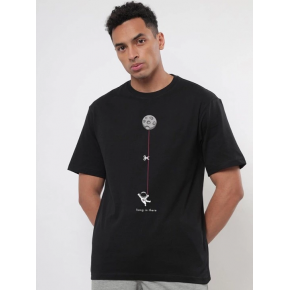 Erkek Baskılı T-Shirt Kısa Kol Bisiklet Yaka Regular Fit Rahat Kalıp Tişört - Siyah