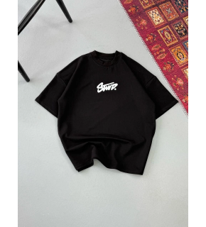 Erkek Kısa Kol Yazlık Tişört Bisiklet Yaka Baskılı Oversize T-Shirt - Siyah