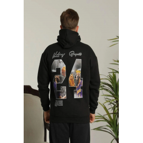 Erkek 3 İplik Pamuklu Kapüşonlu Baskılı Cepli Oversize Sweatshirt Hoodie - Siyah