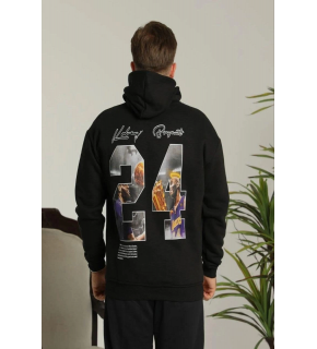 Erkek 3 İplik Pamuklu Kapüşonlu Baskılı Cepli Oversize Sweatshirt Hoodie - Siyah