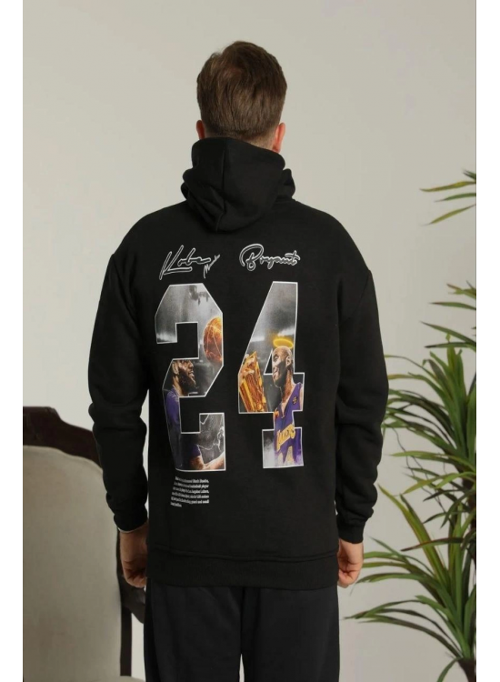 Erkek 3 İplik Pamuklu Kapüşonlu Baskılı Cepli Oversize Sweatshirt Hoodie - Siyah