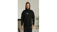 Erkek 3 İplik Pamuklu Kapüşonlu Baskılı Cepli Oversize Sweatshirt Hoodie - Siyah