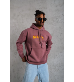 Erkek 3 İplik Pamuklu Kapüşonlu Baskılı Cepli Oversize Sweatshirt Hoodie - Gül Kurusu