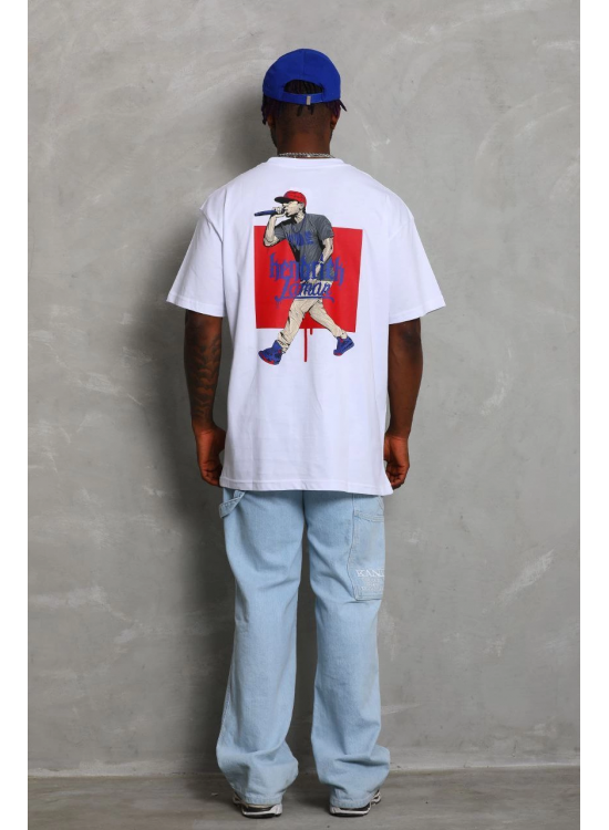 Erkek Baskılı Tişört Kısa Kol Bisiklet Yaka Oversize T-Shirt - Beyaz