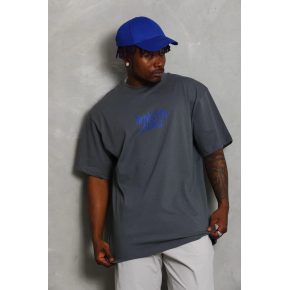 Erkek Baskılı Tişört Kısa Kol Bisiklet Yaka Oversize T-Shirt - Füme