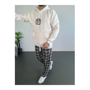 Erkek 3 İplik Pamuklu Kapüşonlu Baskılı Cepli Oversize Sweatshirt Hoodie - Beyaz