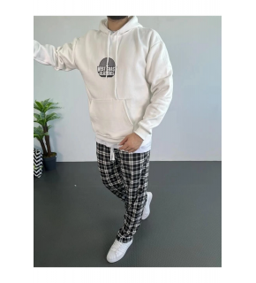 Erkek 3 İplik Pamuklu Kapüşonlu Baskılı Cepli Oversize Sweatshirt Hoodie - Beyaz