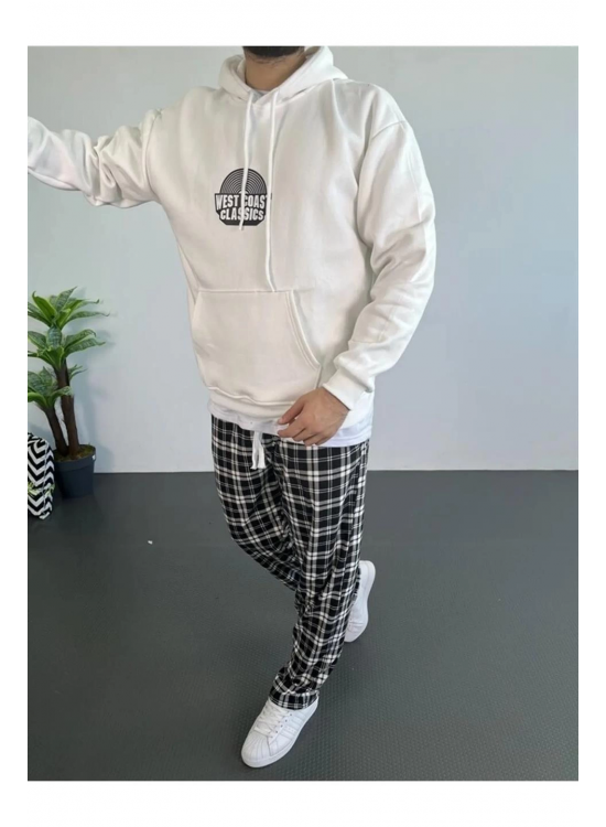 Erkek 3 İplik Pamuklu Kapüşonlu Baskılı Cepli Oversize Sweatshirt Hoodie - Beyaz Erkek 3 İplik Pamuklu Kapüşonlu Baskılı Cepli Oversize Sweatshirt Hoodie - Beyaz