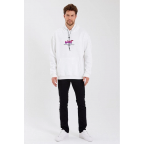 Erkek 3 İplik Pamuklu Kapüşonlu Baskılı Cepli Oversize Sweatshirt Hoodie - Beyaz