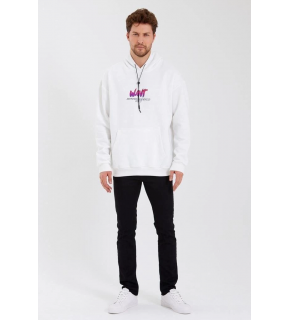 Erkek 3 İplik Pamuklu Kapüşonlu Baskılı Cepli Oversize Sweatshirt Hoodie - Beyaz