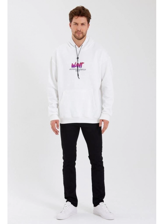 Erkek 3 İplik Pamuklu Kapüşonlu Baskılı Cepli Oversize Sweatshirt Hoodie - Beyaz Erkek 3 İplik Pamuklu Kapüşonlu Baskılı Cepli Oversize Sweatshirt Hoodie - Beyaz