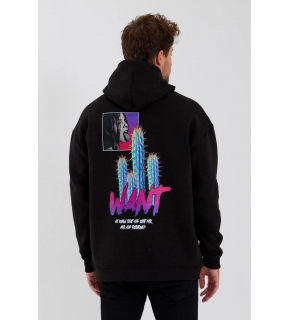 Erkek 3 İplik Pamuklu Kapüşonlu Baskılı Cepli Oversize Sweatshirt Hoodie - Siyah