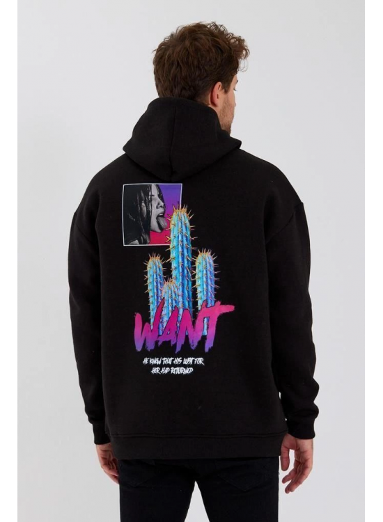 Erkek 3 İplik Pamuklu Kapüşonlu Baskılı Cepli Oversize Sweatshirt Hoodie - Siyah Erkek 3 İplik Pamuklu Kapüşonlu Baskılı Cepli Oversize Sweatshirt Hoodie - Siyah