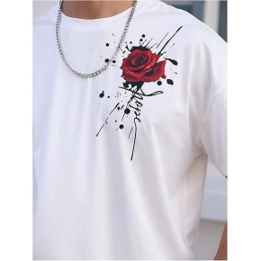 Erkek Kısa Kol Yazlık Tişört Bisiklet Yaka GÜL Baskılı T-Shirt - Beyaz