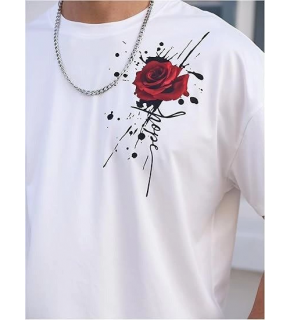 Erkek Kısa Kol Yazlık Tişört Bisiklet Yaka GÜL Baskılı T-Shirt - Beyaz