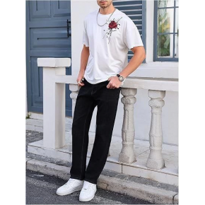 Erkek Kısa Kol Yazlık Tişört Bisiklet Yaka GÜL Baskılı T-Shirt - Beyaz