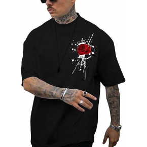 Erkek Kısa Kol Yazlık Tişört Bisiklet Yaka GÜL Baskılı T-Shirt - Siyah