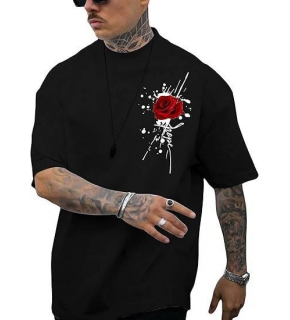 Erkek Kısa Kol Yazlık Tişört Bisiklet Yaka GÜL Baskılı T-Shirt - Siyah