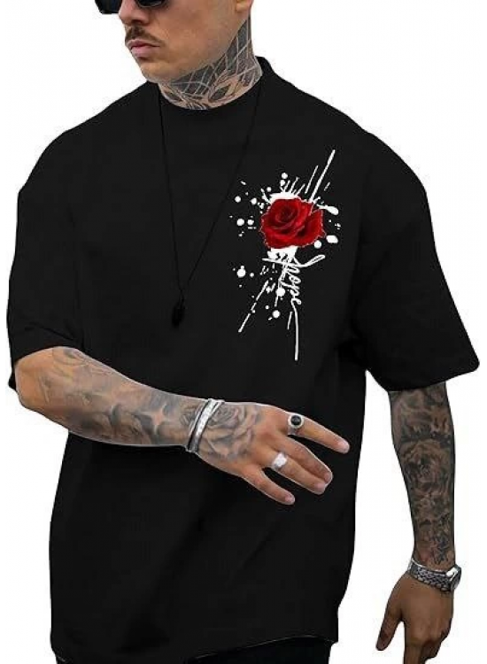 Erkek Kısa Kol Yazlık Tişört Bisiklet Yaka GÜL Baskılı T-Shirt - Siyah