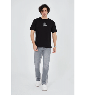 Erkek Baskılı T-Shirt Kısa Kol Bisiklet Yaka Regular Fit Rahat Kalıp Günlük Tişört - Siyah