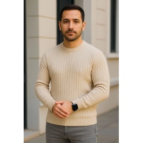 Erkek Bisiklet Yaka Triko Kazak Pamuklu Kalın Fitilli Dokuma Regular Fit - Bej