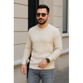 Erkek Bisiklet Yaka Triko Kazak Pamuklu Kalın Fitilli Dokuma Regular Fit - Bej