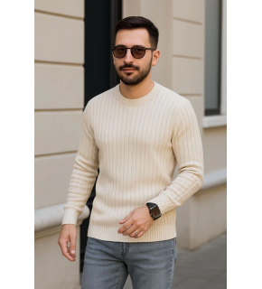 Erkek Bisiklet Yaka Triko Kazak Pamuklu Kalın Fitilli Dokuma Regular Fit - Bej