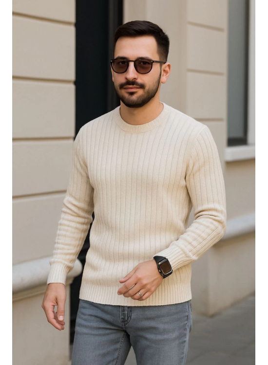 Erkek Bisiklet Yaka Triko Kazak Pamuklu Kalın Fitilli Dokuma Regular Fit - Bej Erkek Bisiklet Yaka Triko Kazak Pamuklu Kalın Fitilli Dokuma Regular Fit - Bej