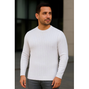 Erkek Bisiklet Yaka Triko Kazak Pamuklu Kalın Fitilli Dokuma Regular Fit - Beyaz