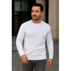 Erkek Bisiklet Yaka Triko Kazak Pamuklu Kalın Fitilli Dokuma Regular Fit - Beyaz