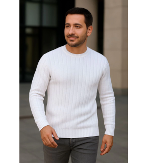 Erkek Bisiklet Yaka Triko Kazak Pamuklu Kalın Fitilli Dokuma Regular Fit - Beyaz