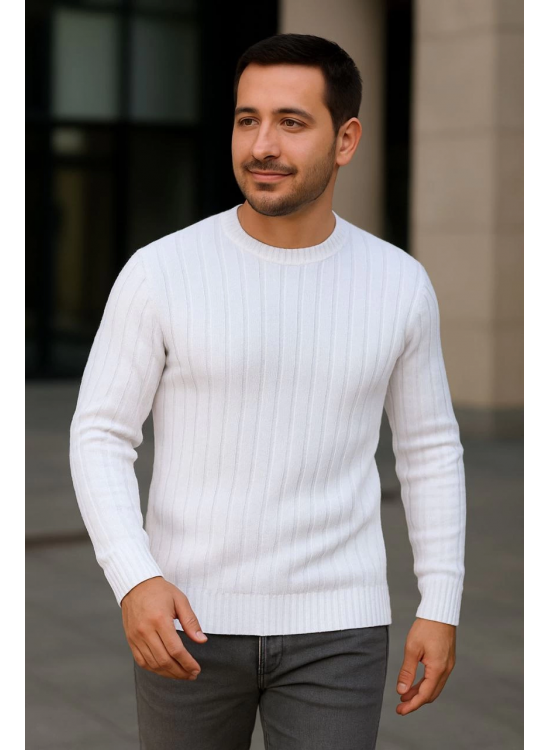 Erkek Bisiklet Yaka Triko Kazak Pamuklu Kalın Fitilli Dokuma Regular Fit - Beyaz Erkek Bisiklet Yaka Triko Kazak Pamuklu Kalın Fitilli Dokuma Regular Fit - Beyaz