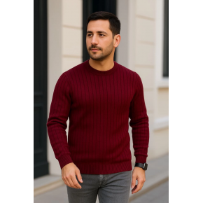 Erkek Bisiklet Yaka Triko Kazak Pamuklu Kalın Fitilli Dokuma Regular Fit - Bordo