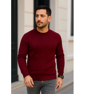Erkek Bisiklet Yaka Triko Kazak Pamuklu Kalın Fitilli Dokuma Regular Fit - Bordo
