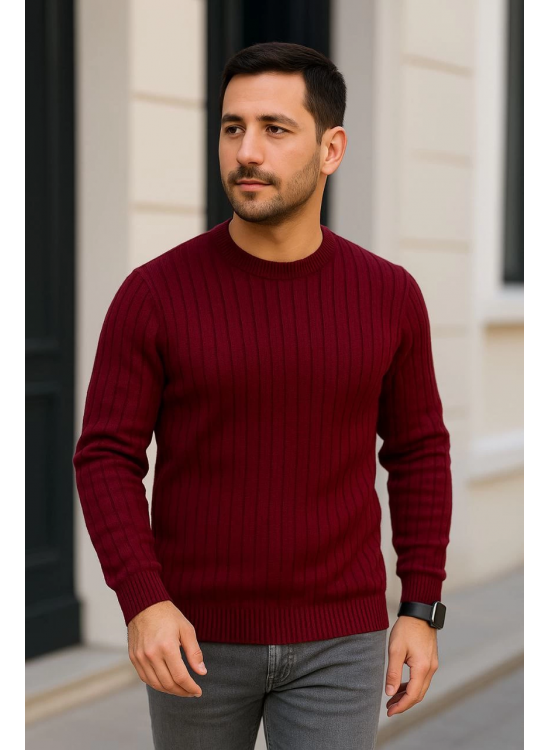 Erkek Bisiklet Yaka Triko Kazak Pamuklu Kalın Fitilli Dokuma Regular Fit - Bordo Erkek Bisiklet Yaka Triko Kazak Pamuklu Kalın Fitilli Dokuma Regular Fit - Bordo