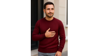 Erkek Bisiklet Yaka Triko Kazak Pamuklu Kalın Fitilli Dokuma Regular Fit - Bordo Erkek Bisiklet Yaka Triko Kazak Pamuklu Kalın Fitilli Dokuma Regular Fit - Bordo