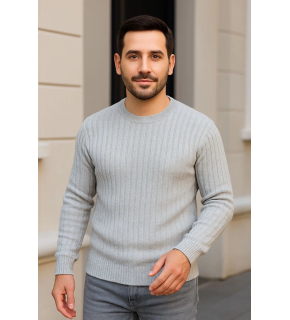 Erkek Bisiklet Yaka Triko Kazak Pamuklu Kalın Fitilli Dokuma Regular Fit - Gri