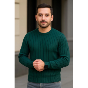 Erkek Bisiklet Yaka Triko Kazak Pamuklu Kalın Fitilli Dokuma Regular Fit - Haki