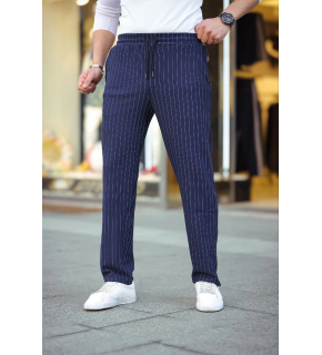 Erkek Cizgili Dokuma Krep Jogger Buggy Pantalon Rahat kalıp - Lacivert