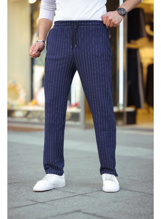 Erkek Cizgili Dokuma Krep Jogger Buggy Pantalon Rahat kalıp - Lacivert Erkek Cizgili Dokuma Krep Jogger Buggy Pantalon Rahat kalıp - Lacivert