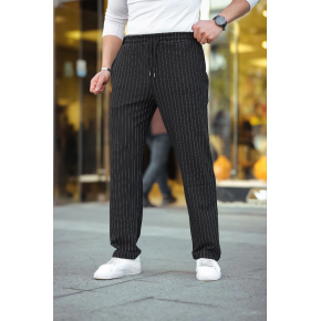 Erkek Cizgili Dokuma Krep Jogger Buggy Pantalon Rahat kalıp - Siyah