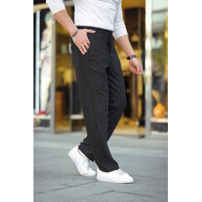 Erkek Cizgili Dokuma Krep Jogger Buggy Pantalon Rahat kalıp - Siyah