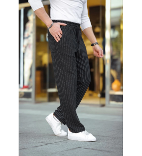 Erkek Cizgili Dokuma Krep Jogger Buggy Pantalon Rahat kalıp - Siyah