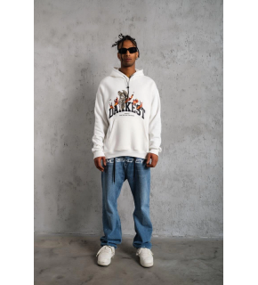 Erkek 3 İplik Pamuklu Kapüşonlu Baskılı Cepli Oversize Sweatshirt Hoodie - Beyaz