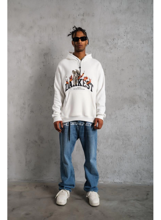 Erkek 3 İplik Pamuklu Kapüşonlu Baskılı Cepli Oversize Sweatshirt Hoodie - Beyaz Erkek 3 İplik Pamuklu Kapüşonlu Baskılı Cepli Oversize Sweatshirt Hoodie - Beyaz
