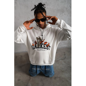 Erkek 3 İplik Pamuklu Kapüşonlu Baskılı Cepli Oversize Sweatshirt Hoodie - Beyaz