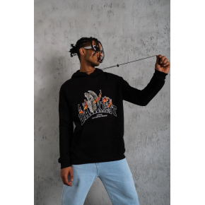 Erkek Kapüşonlu Kanguru Cepli Sweatshirt 3 İplik Pamuklu Baskılı Hoodie - Siyah